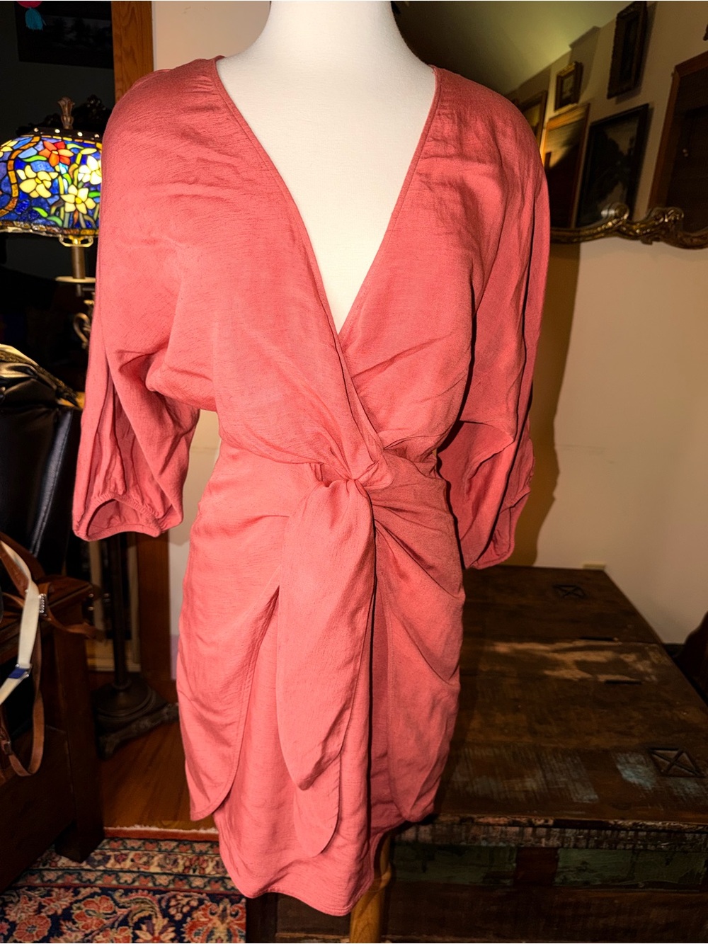 Fabulous Limen Blend Dusty Coral Wrap-Style Mini Dress w/ Back Keyhole Detail